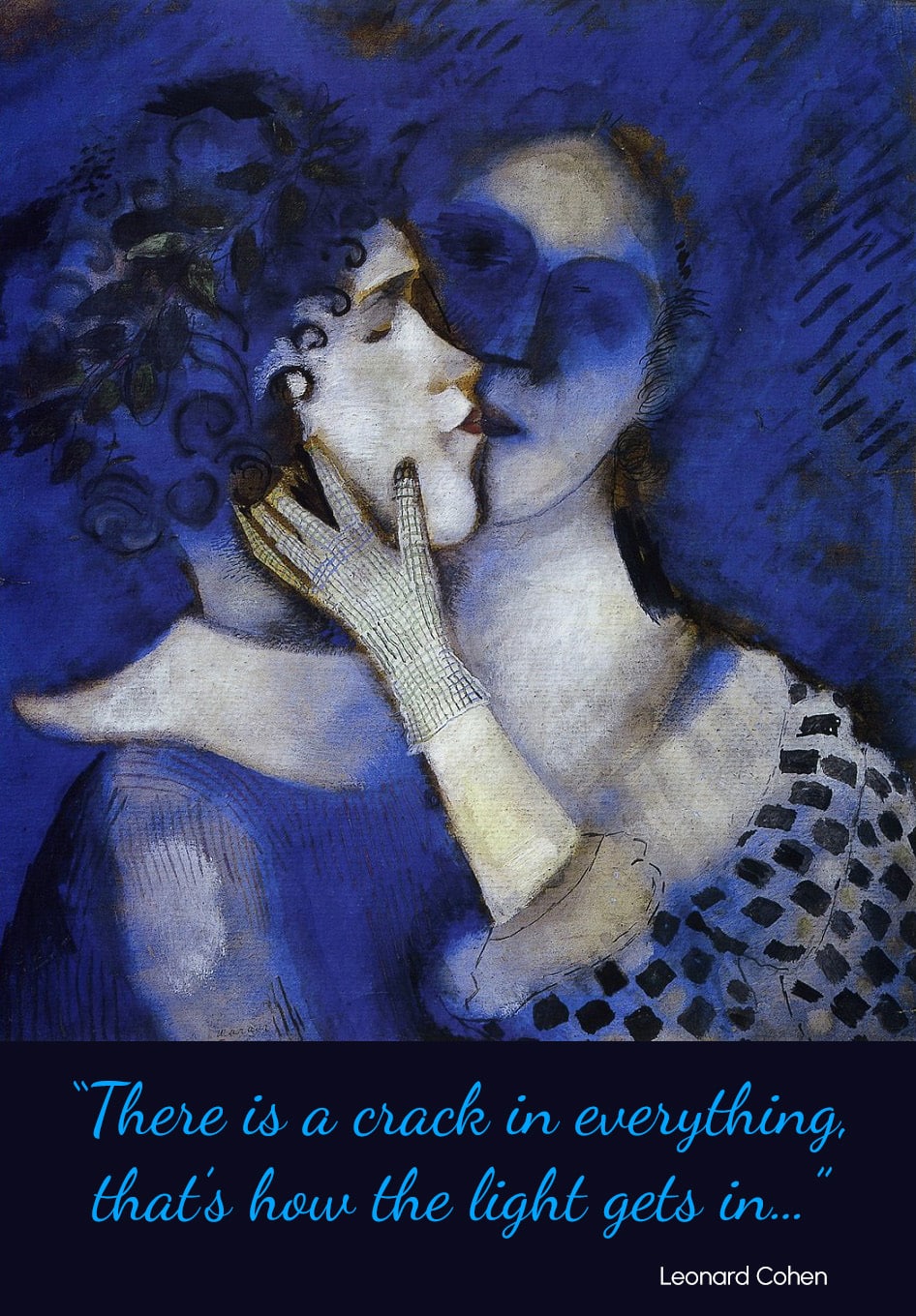 Abstract artwork of two figures embracing in blue tones with Leonard Cohen’s quote, 'There is a crack in everything, that's how the light gets in,' symbolizing healing and emotional vulnerability.