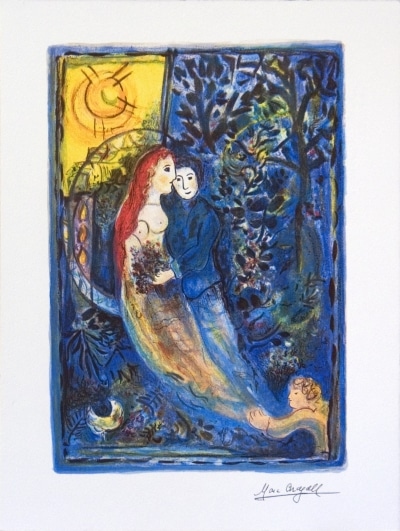 Colorful artwork of a couple embracing, surrounded by vibrant nature and symbolic elements, capturing themes of love and connection.