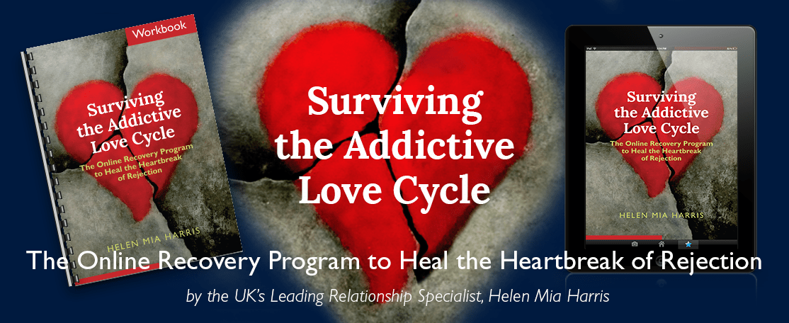 Book cover and tablet showing 'Surviving the Addictive Love Cycle,' an online recovery program by Helen Mia Harris, focused on healing heartbreak and overcoming love addiction.