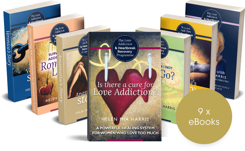 Collection of 9 eBooks from Helen Mia Harris's Love Addiction & Heartbreak Recovery Programme, covering topics like love addiction, healing, and personal stories of recovery