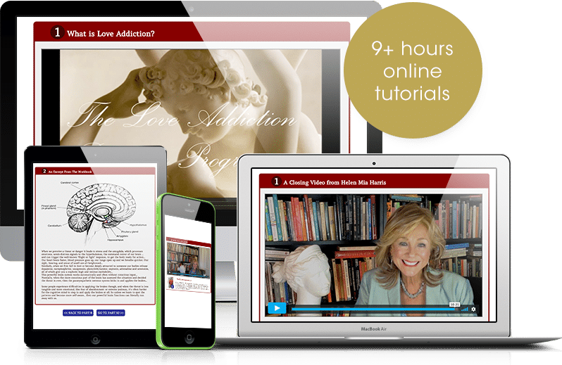 Devices displaying the Love Addiction Program by Helen Mia Harris, offering 9+ hours of online tutorials on overcoming love addiction and building emotional resilience.